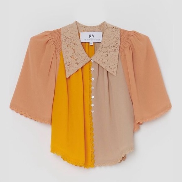 New The Bright Side Rocky Barnes Morning Light Lace Blouse Desert Sandstone sz L - Picture 2 of 10